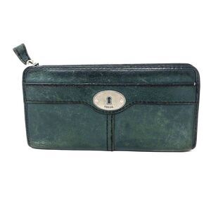 FOSSIL Marlow Pebbled Leather  Zip Around Wallet Green w/Silver Key Hole Logo